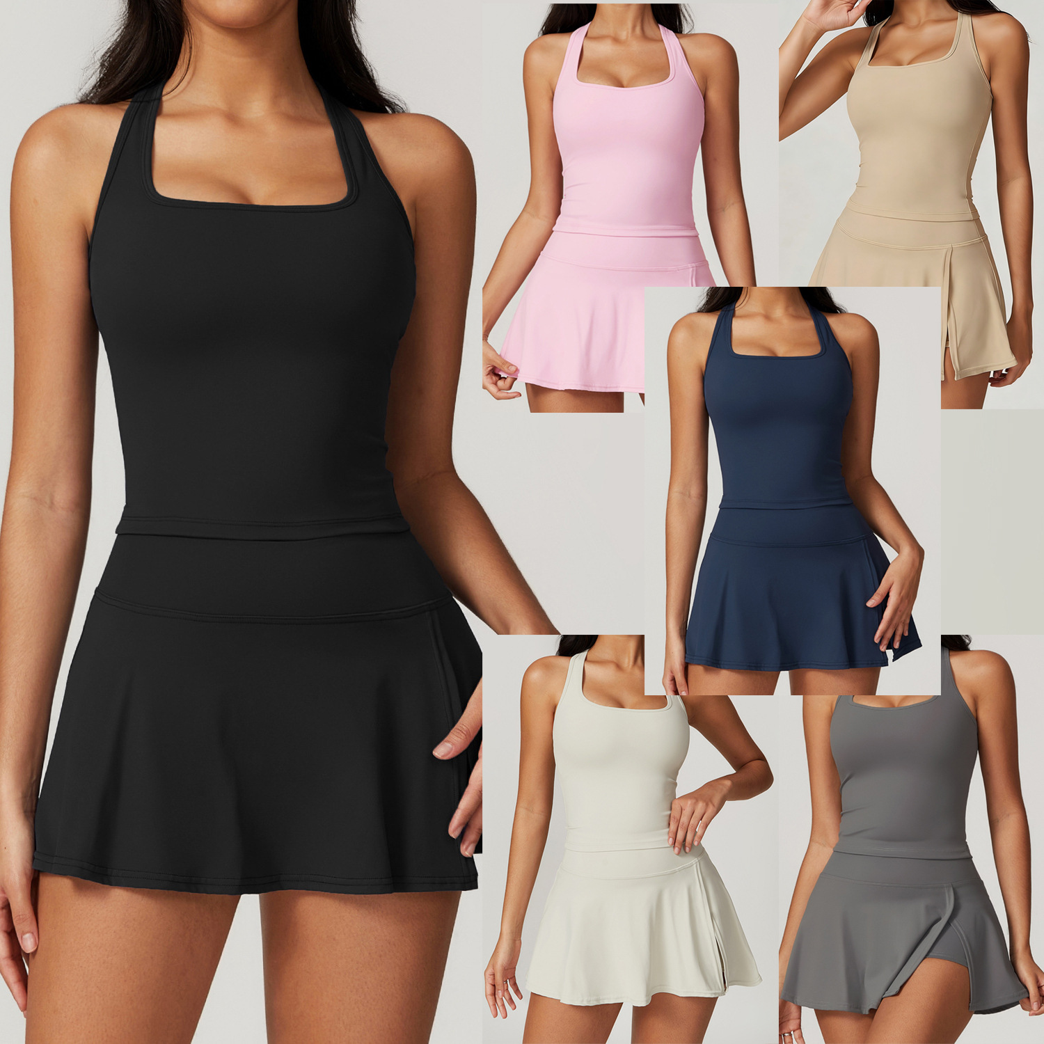 Crop Top Crochet - 女性用2ピーステニスドレス サイドスリットミニスカートセット レーサーバックワークアウトクロップタンクトップ ゴルフウェア