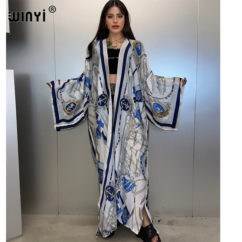 Cover Up Kaftan - WINYI 着物夏カフタンビーチウェアカーディガンファッションルーズコートイブニングドレスアバヤカバーアップビーチ衣装女性 فستان العيد