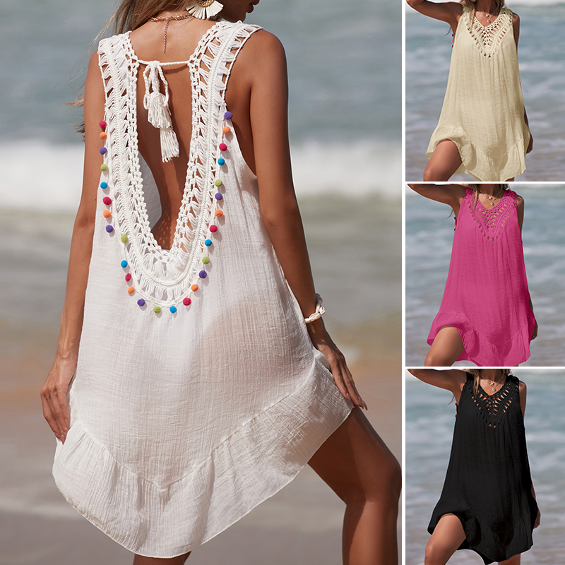 Cover Up Kaftan - 女性 V ネックバックレス中空アウトショートドレスかぎ針編みスプライシング木製耳ドレスカラーボールビーチ水着カバーアップ