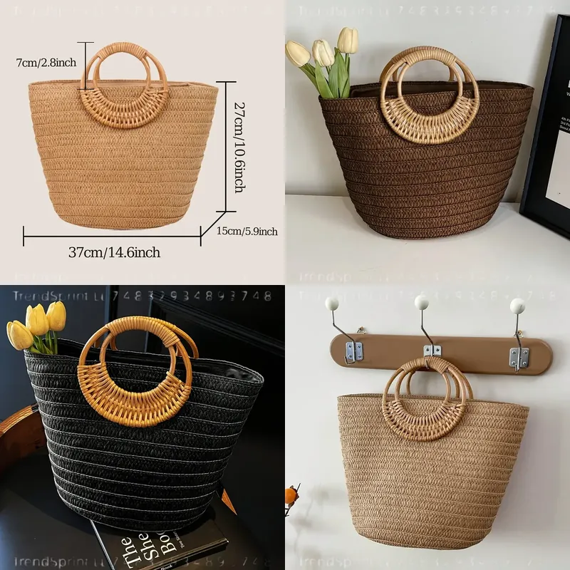 Tote Bag Beach - 女性用夏用紙製トートバッグ 大容量 無地 丸型木製ハンドル ビーチハンドバッグ カジュアル