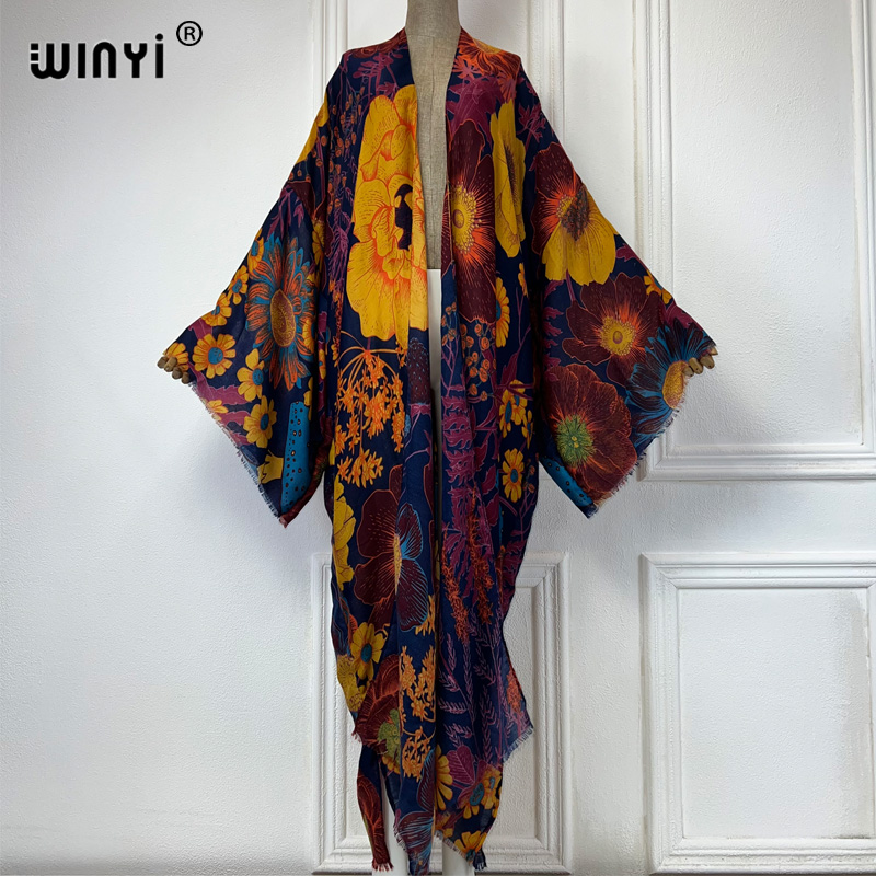 Cover Up Kaftan - WINYI アフリカファッション 夏用着物マキシドレス ビーチカバーアップ カーディガン ボヘミアンセクシーコート