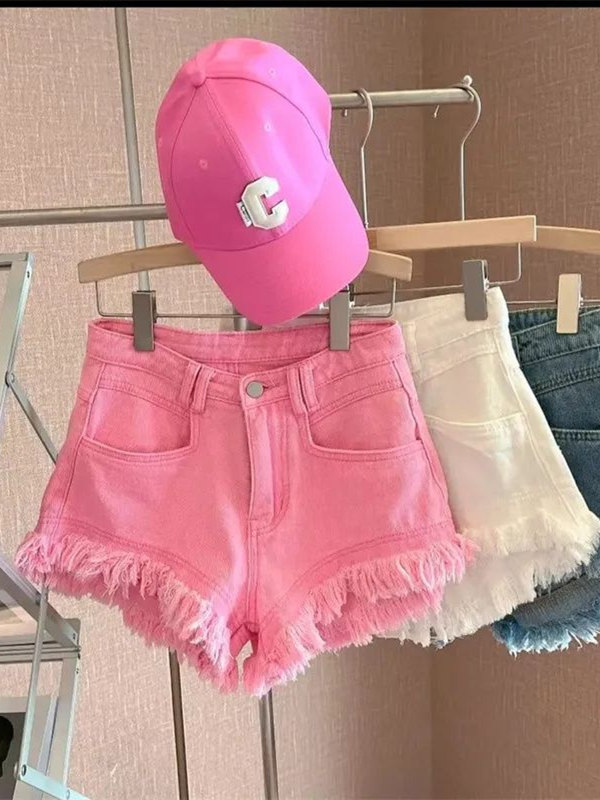 Shorts Denim Frayed - カジュアル韓国スタイルのフリンジヘムデニムショートパンツ女性用ホットパンツ夏のレジャーワイドレッグパンツピンクフリルディテール