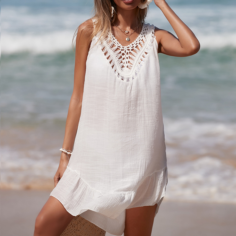 女性 V ネックバックレス中空アウトショートドレスかぎ針編み - Cover Up Kaftan のレビューと価格