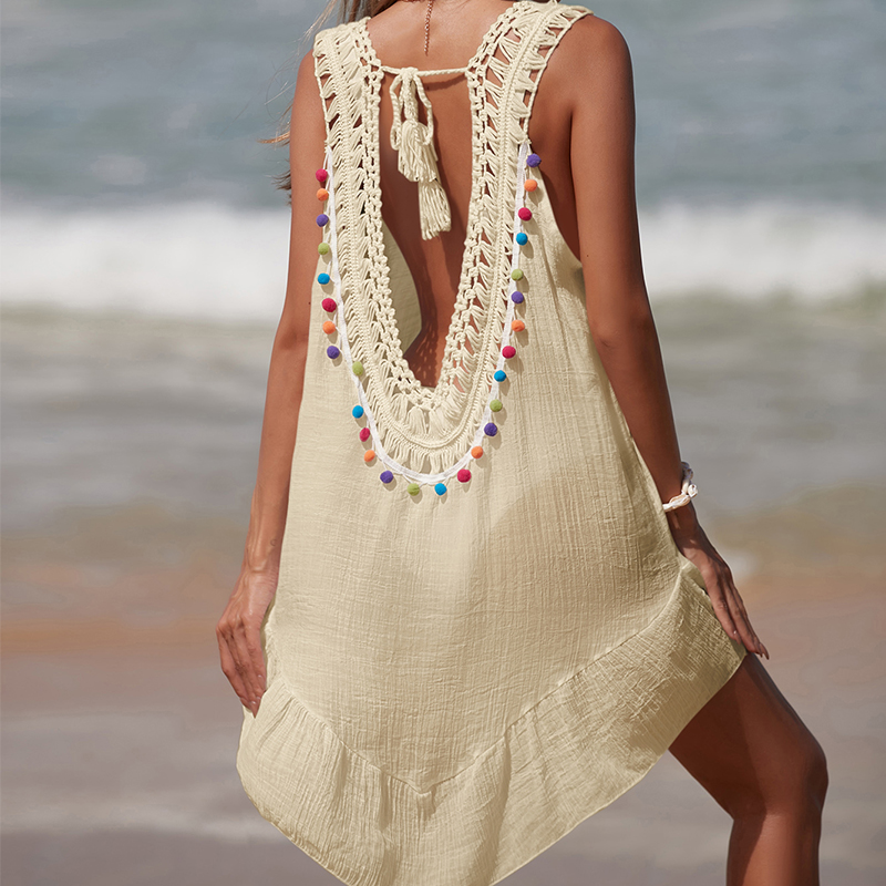 女性 V ネックバックレス中空アウトショートドレスかぎ針編み - Cover Up Kaftan のレビューと価格