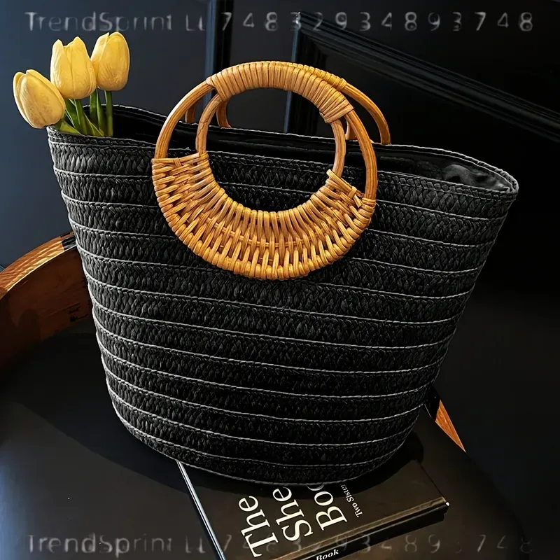 女性用夏用紙製トートバッグ 大容量 無地 丸型木製ハンドル  - Tote Bag Beach のレビューと価格