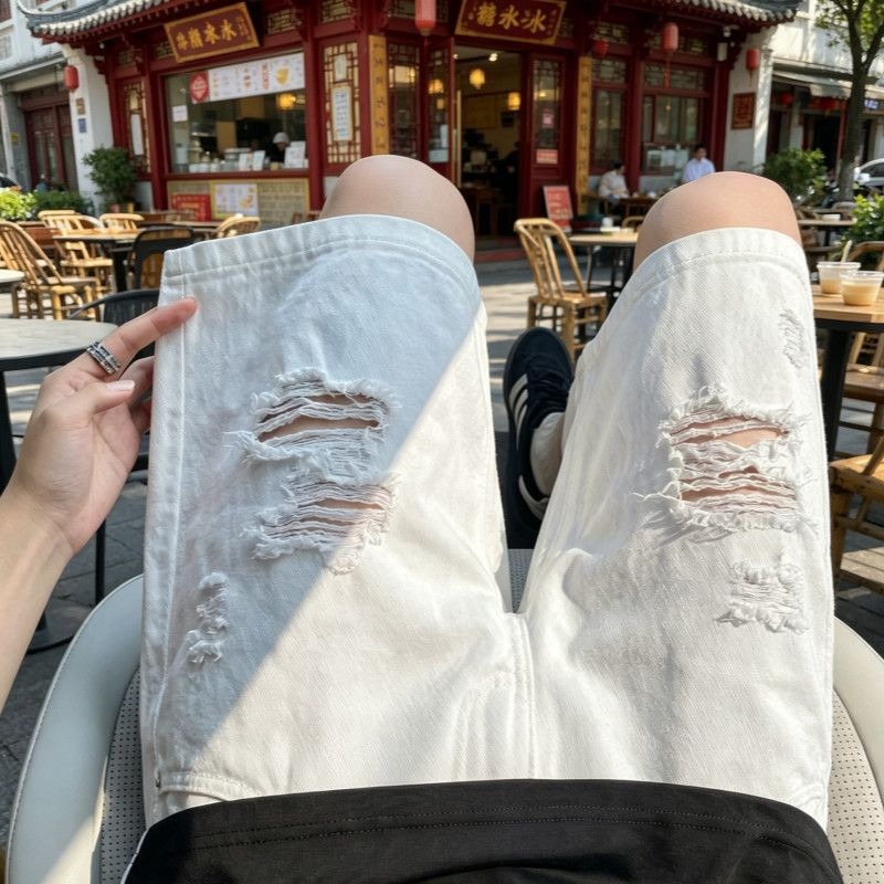 メンズ伸縮性ドローストリングウエストリップドフリンジルーズス - Shorts Denim Frayed のレビューと価格